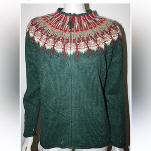 Susan Bristol Angora Festive Holiday Green Beaded Zip Up Jacket sz L